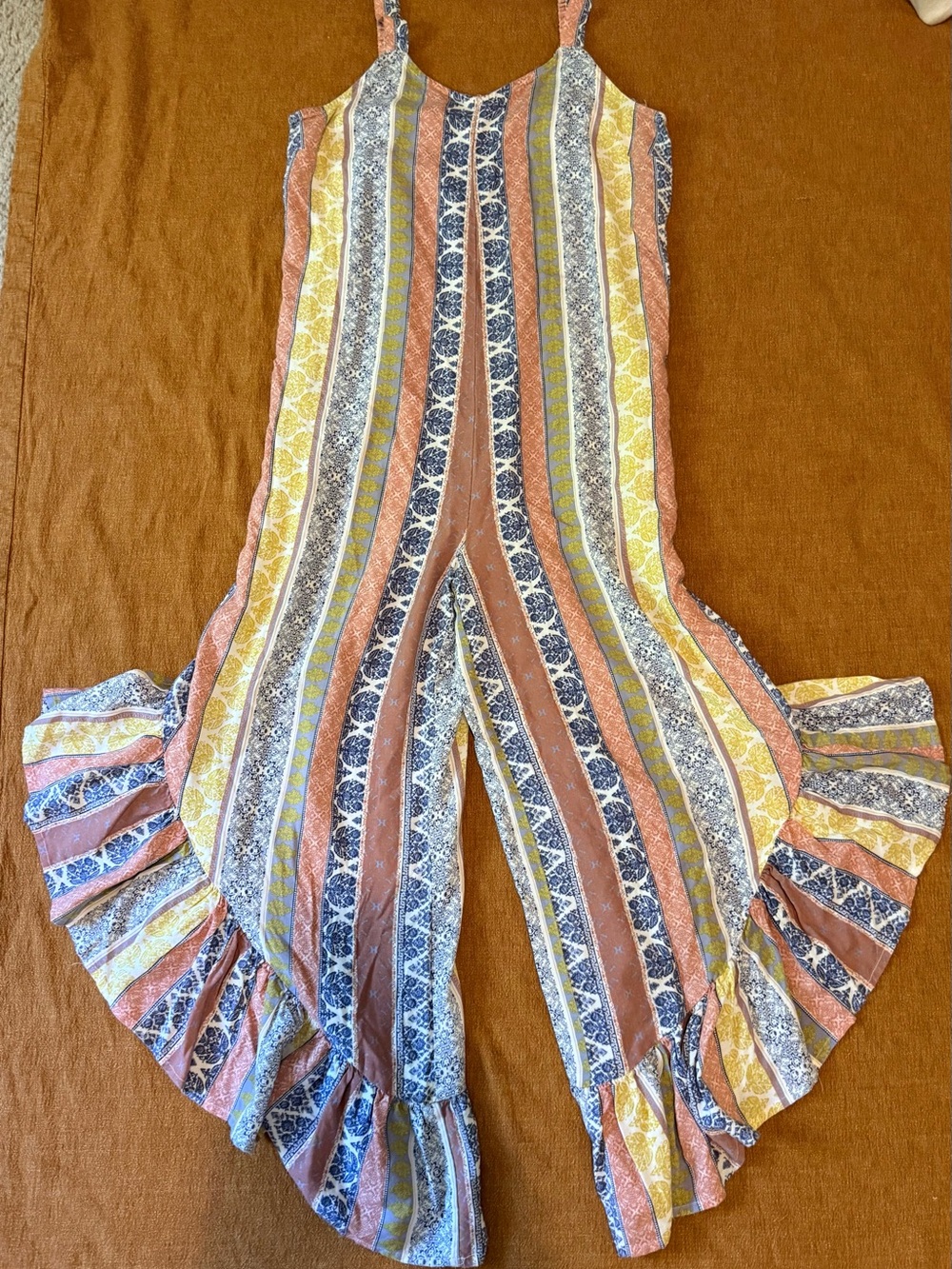 Japna Blue and Yellow Sleeveless Striped Ruffle Jumpsuit Romper size XS